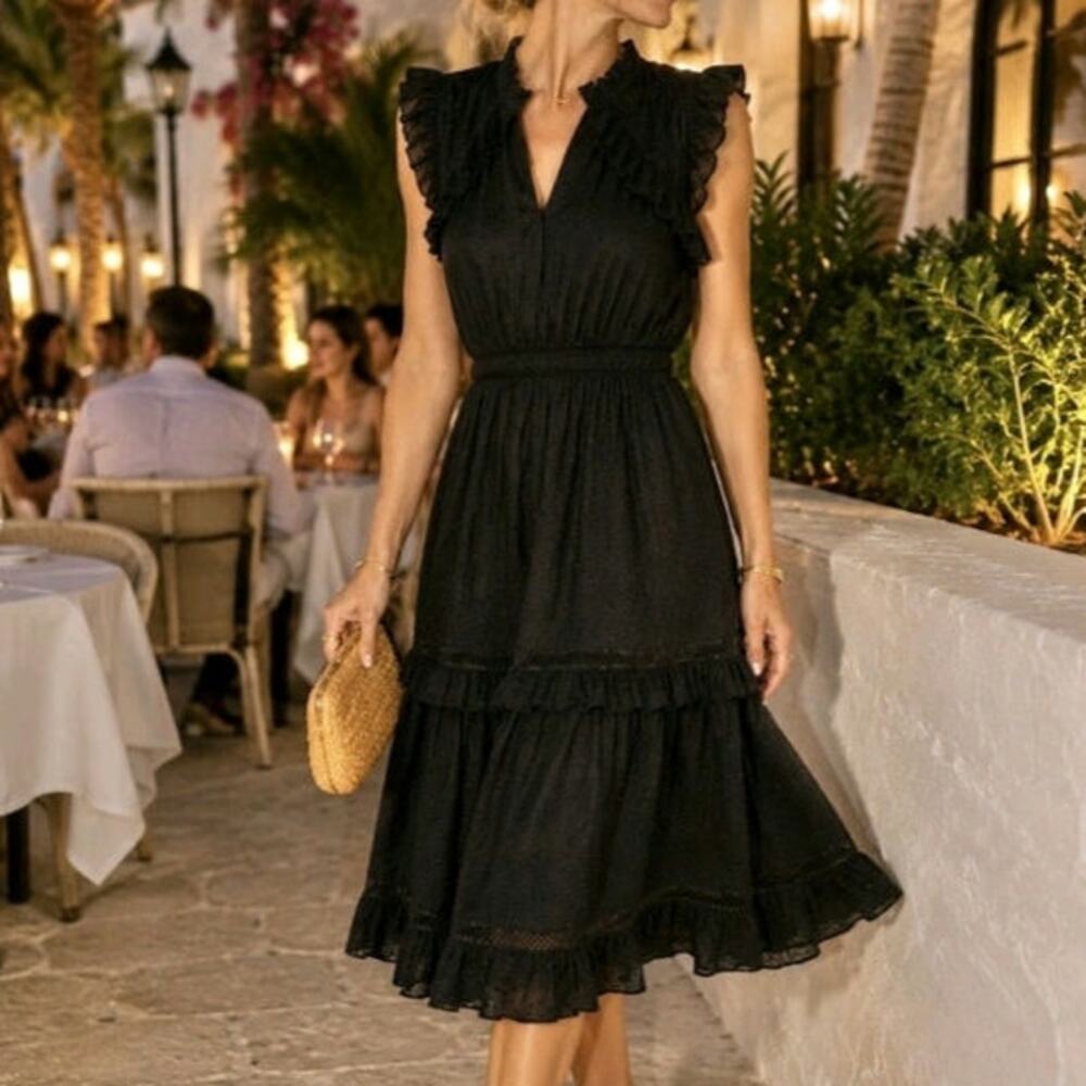 Kate Spade Broome Street Black Swiss Dot Midi Dress Embroidered Ruffle Small S